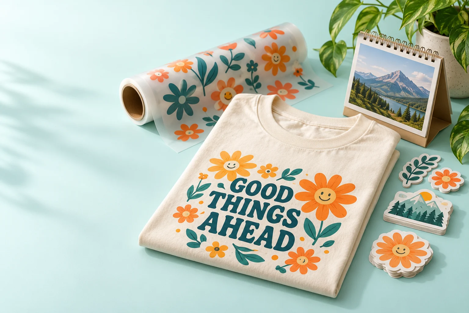 Ilustrasi kaos custom, roll DTF, stiker, dan kalender meja